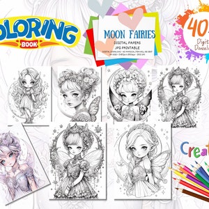 MOON FAIRIES - 40 Coloring Pages, Coloring book for adults and kids, grayscale coloring sheets, 8.5x11 and A4 Size, JPG