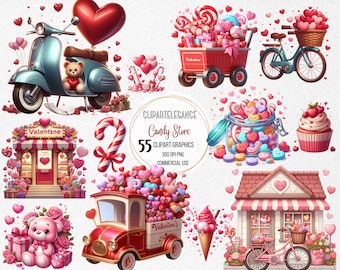 Watercolor Cute Valentines Candy Shop Clipart, 55 PNG Valentines Day Clipart, Valentines Day Bundle, Valentines Candy Heart, Commercial Use