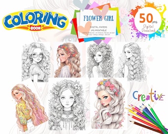 FLOWER GIRL - 50 Coloring Pages, Coloring book for adults and kids, grayscale coloring sheets, 8.5x11 and A4 Size, JPG