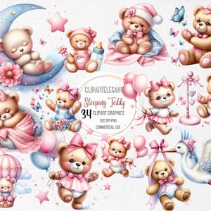Acquerello addormentato Teddy Bears Collection Clipart, 34 PNG carino orsacchiotto sulla luna Clipart, Boho Teddy Bear Clipart, uso commerciale
