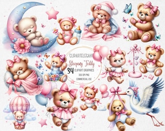 Clipart de coleção de ursinhos de pelúcia dormindo em aquarela, 34 PNG clipart de urso de pelúcia fofo na lua, clipart de urso de pelúcia boho, uso comercial