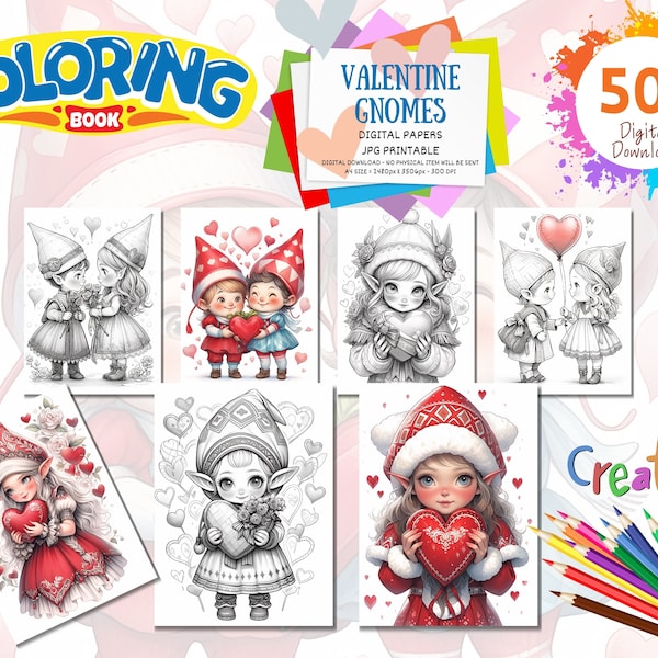 VALENTINE GNOMES Coloring Book, 50 Coloring pages for adults and kids, coloring sheets, 8.5x11 and A4 Size, JPG, Instant Download