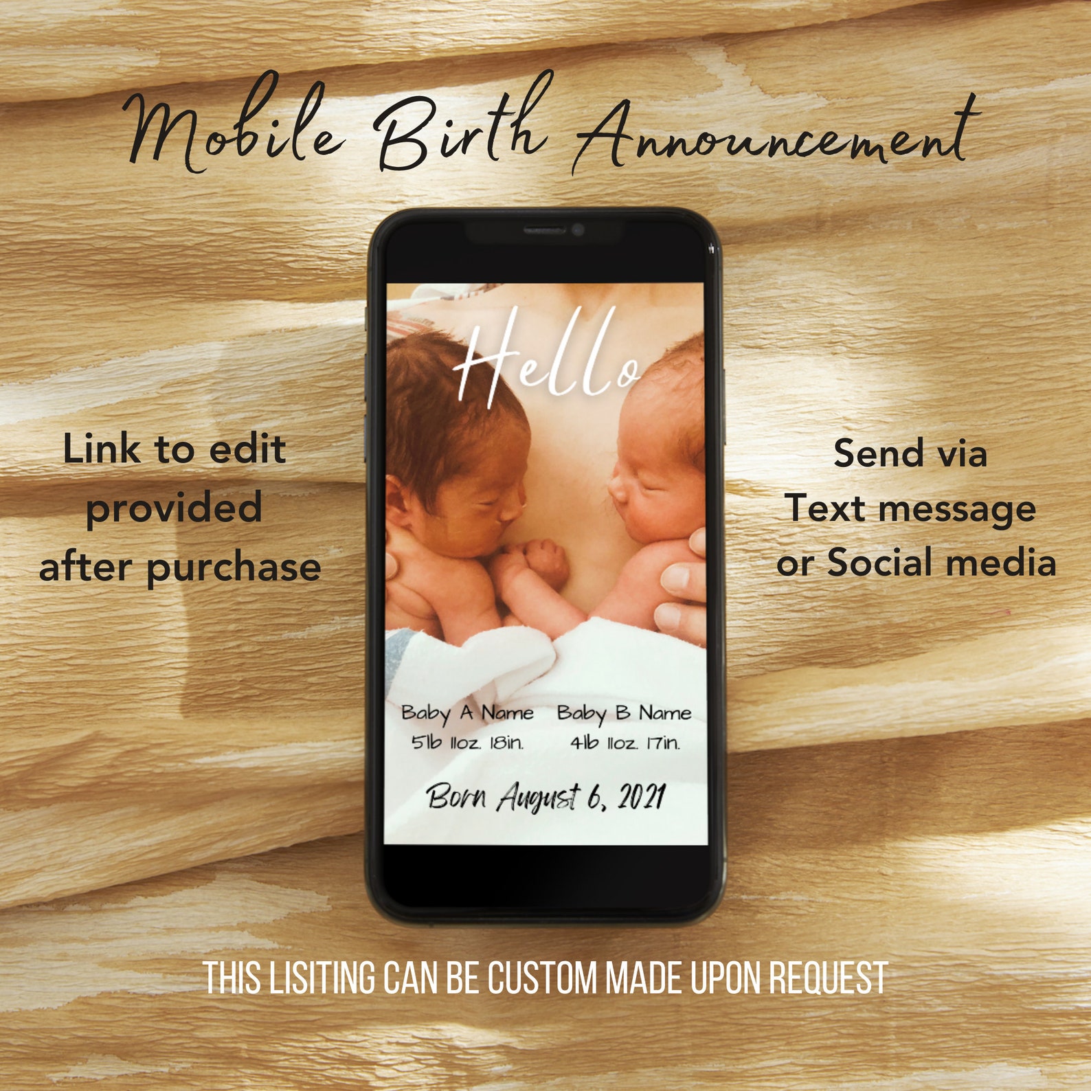 Editable/custom, Mobile Birth Announcement, Twin Birth Announcement
