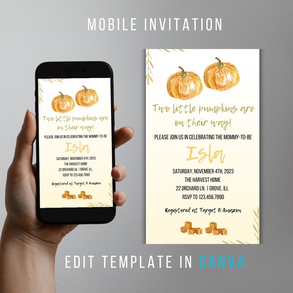 Editable mobile twin baby shower invitation fall baby shower pumpkins pumpkin theme two little pumpkins mommy to be digital download
