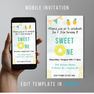 Editable mobile twin first birthday invitation sweet one pineapple theme simple instant download