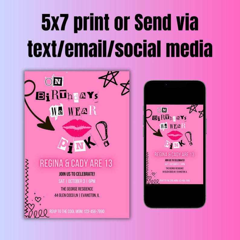 MEAN GIRLS Inspired Birthday Party Invitation, Twin Girl Birthday Party