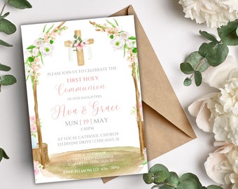 First Holy Communion Invitation Pink Spring Floral Arch Twin Girl 1st Communion Invitation Instant Download Printable Custom Digital Invite