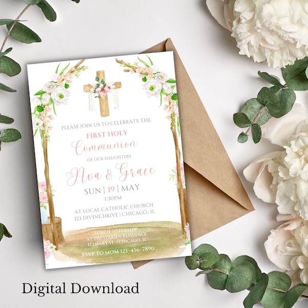 First Holy Communion Invitation Pink Spring Floral Arch Twin Girl 1st Communion Invitation Instant Download Printable Custom Digital Invite