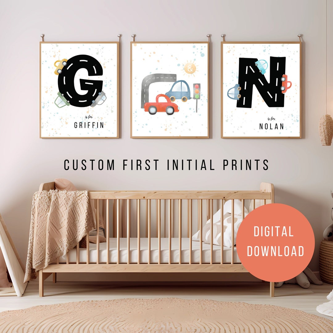 Twin Boy Nursery Decor, Personalized First Initial Print, Monogram