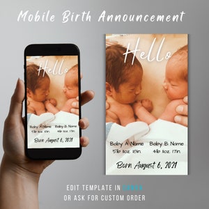 Editable/custom, mobile birth announcement, twin birth announcement, digital download, text message birth announcement, instant download