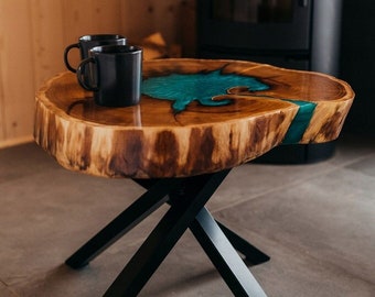 STOLIK KAWOWY DREWNIANY + żywica epoksydowa, plaster drzewa, rękodzieło / wooden coffee table + epoxy resin, tree slice, handmade