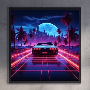 Retro-Lights, Car Poster, Retro Futuristic Art, 80s Print,  Colorfull Prints, Digital Download, Printable Wall Art, Retro digital image