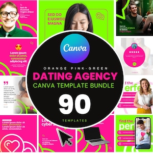 Op de afbeelding: Een Canva-sjabloonbundel voor datingbureaus met 90 sjablonen. De afbeelding toont een collage van kleurrijke sjablonen met de tekst "Dating Agency Canva Template Bundle" en "90 Templates".