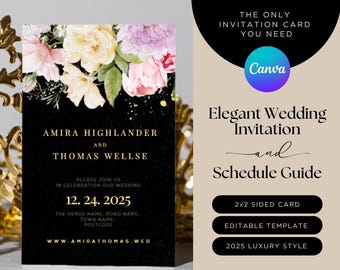 Canva editable I Wedding invitation card  - Luxury, Black, Elegant Gold Floral template 2025 style