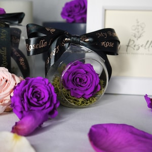 Rosa eterna real violeta en bola de cristal. Regalo perfecto para San Valentín, aniversario, cumpleaños, día de la madre, regalos memorables para ella.