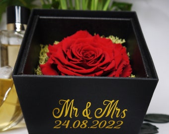 Caja con rosa preservada roja real - Mensaje de oro personalizadoRegalo de San Valentín perfecto, regalo de aniversario, regalo de cumpleaños, regalo del día de las madres,