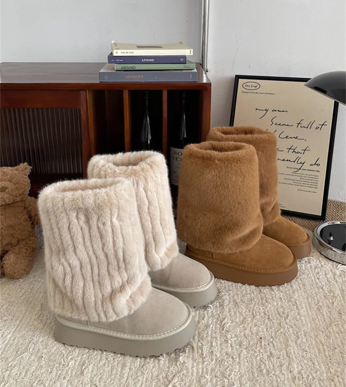 Comprar Botas de nieve de piel sintética para mujer, botines cómodos y  cálidos con forro de piel, botines de combate con cordones y suela gruesa  antideslizante