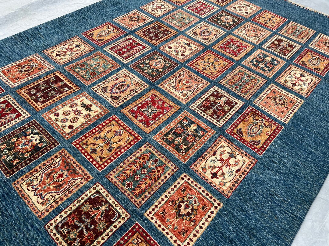 6x8 Blue Checkered Area Rug Gabbeh Multicolor Afghan Hand Etsy