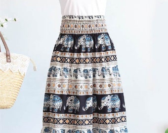 Bohemian Cotton Elephant Print, Summer Cotton Skirt Casual Loose Skirts A-line Pleated Elastic Waist Skirt Flared Midi Skirts free SizeSkirt