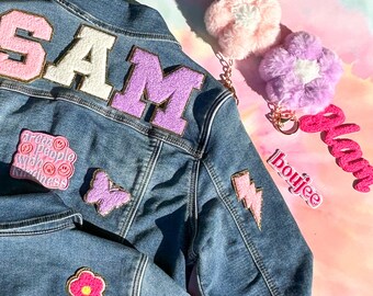 Chenille Patch Jean Jacket Personalized Girls Toddler Embroidered Name Denim Jacket Boys Personalized Gift Iron On Letter Varsity Jacket