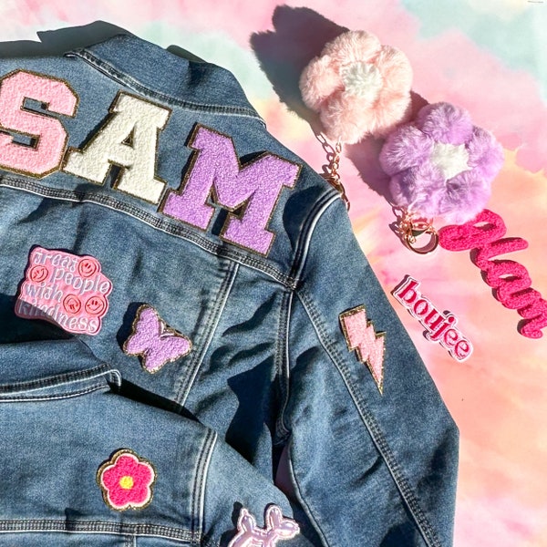 Chenille Patch Jean Jacket Personalized Girls Toddler Embroidered Name Denim Jacket Boys Personalized Gift Iron On Letter Varsity Jacket