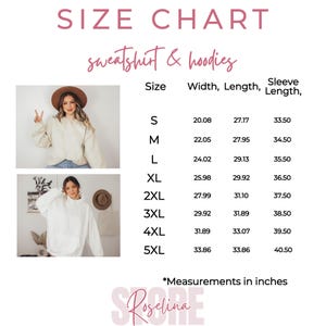 May include: Size chart for sweatshirts and hoodies, with measurements in inches. The chart includes sizes S to 5XL, with width, length, and sleeve length measurements. Two photos of people wearing sweatshirts are shown.