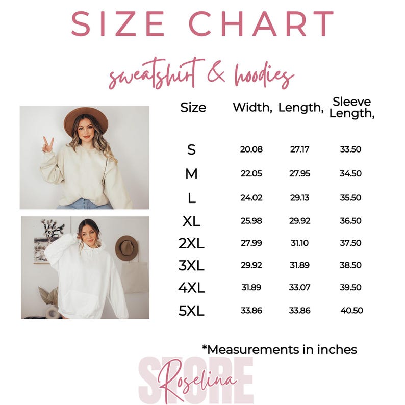 May include: Size chart for sweatshirts and hoodies, with measurements in inches. The chart includes sizes S to 5XL, with width, length, and sleeve length measurements. Two photos of people wearing sweatshirts are shown.