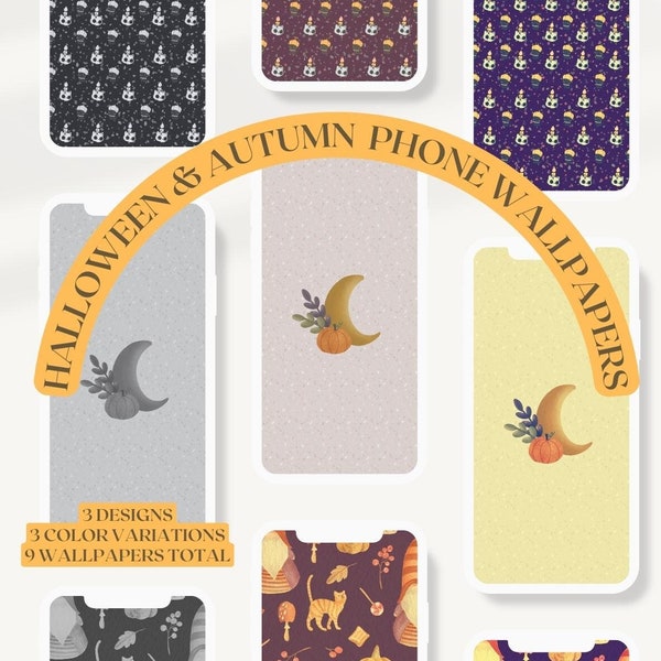 Halloween & Autumn Phone Wallpapers, Black Cat Pumpkin Skull Candle, Harvest Moon, Festive October, Gnome Shrooms, 9 Phone Wallpaper Bundle