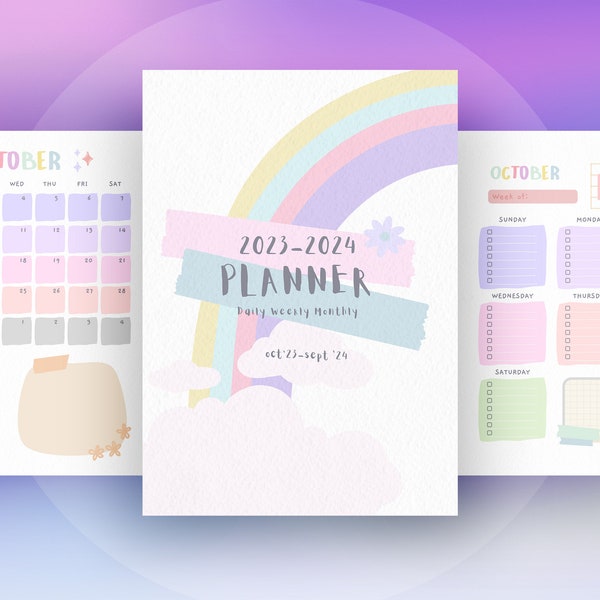 Editable Colorful Cute 23-24 Planner, Monthly Weekly Daily Printable Planners, Notes & Journal Pages, Printable Template, PDFs and PNGs