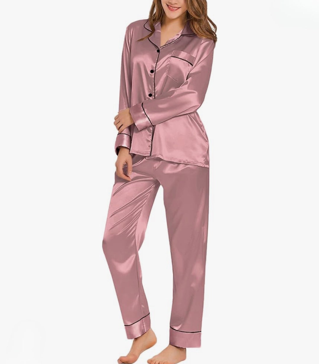 Women Pajamas Sets Silk Satin Long Sleeve Button Down Sleepwear 2 ...