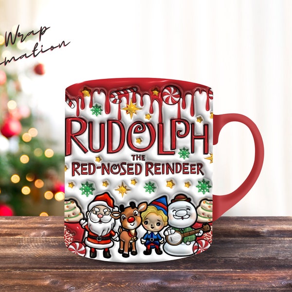 3D Inflatable Rudolph Mug Wrap  11 Oz Sublimation Christmas Mug  Puffy Red Nosed Reindeer Design  Christmas Gift  Coffee Mug for Christmas