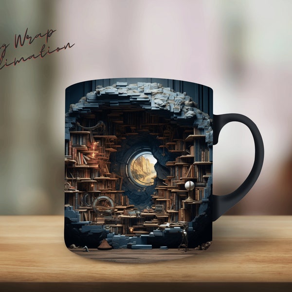 3D Book Mug Wrap, 3D Cracked Hole Bookshelf Mug Sublimation, 3D Mug Wrap, 11oz Mug Png, 15oz Mug PNG Book Lover Mug Coffee Mug Book Lovers