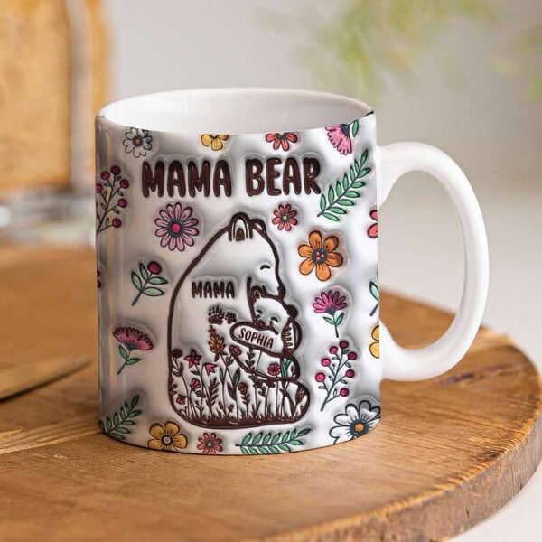 3D Mama Bear Inflated Mug 3D Puffy Floral Mug Sublimation, Mother's Day Custom Inflated 11oz Mug Wrap Mama Bear Png Digital Download