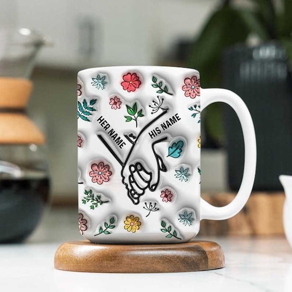Custom Name Floral Mug Design with 3D Inflated Effect Personalized Love Mug for Couples 11oz Gift for Him or Her Couple Anniversary Mug Png