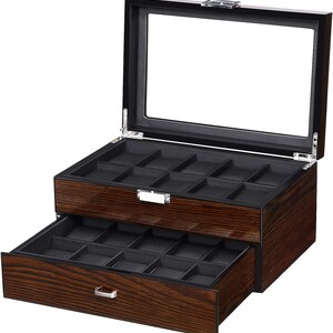 Rothwell 20 Slot Leather Watch Box - Luxury Watch Case Display Jewelry Organizer, Locking Watch Display Case Holder with Large Real Glass Top 