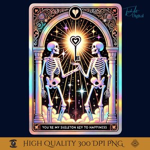 Carta del Tarot de la Llave Esqueleto para la Felicidad PNG / Arte Digital Romántico de Pareja de Esqueletos / Clipart de Amor Gótico Queer Descargar