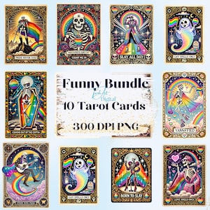 Pacote de cartas de tarô engraçadas do Orgulho LGBTQ | 10 cartas digitais de esqueleto de arco-íris PNG | Download de clipart de bruxa queer para o mês do orgulho.