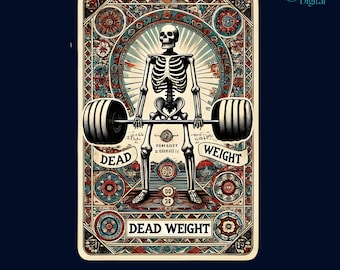Gothic Gym Skeleton Tarot Card PNG: Halloween Fitness Art (Digital Download 5x7