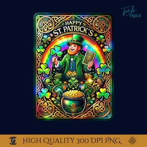聖パトリックの日のタロット カード PNG、クローバーと金色のレプラコーン、アイルランドをテーマにしたデジタル アート、レインボー ケルト デザイン、レプラコーンのデジタル アート。