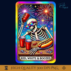 Carte de tarot squelette drôle rouge, blanc et alcoolisé, art numérique PNG pour une décoration de fête de la fête de l'indépendance, conception patriotique de feux d'artifice
