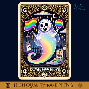 Carta de Tarô LGBTQ com Feitiços Gays Apenas PNG | Clipart Fofo de Fantasma do Arco-Íris do Orgulho | Download de Arte Digital de Bruxa Queer para Halloween e Orgulho.