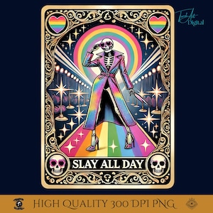 Carta de Tarô LGBTQ Slay All Day PNG | Clipart de Moda de Esqueleto de Passarela do Arco-Íris | Arte do Orgulho Queer Digital para Baixar e Imprimir.