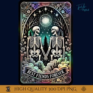 Carta de Tarô Esqueleto Best Fiends Forever PNG | Arte Digital de Amizade Gótica | Clipart Engraçado de Melhor Amigo para Download no Halloween.
