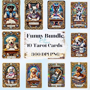 Pacote de Cartas de Tarô de Cachorro Engraçado – Conjunto com 10 Cartas para Imprimir | Arte de Filhote de Cachorro Sarcástico para Sala de Aula | Download Digital | Decoração de Parede de Cachorro | PNG 300 DPI