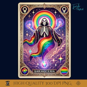 Baralho de cartas de tarô LGBTQ Queer Magic para o mês do orgulho | Cartas de oráculo espiritual de esqueleto de arco-íris | Presente oculto queer colorido de bruxa.
