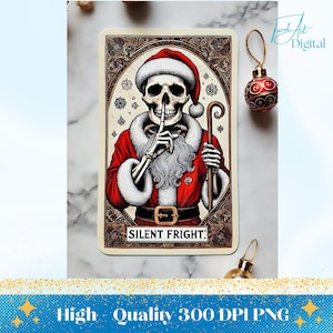 Arte navideño de esqueleto de miedo silencioso / PNG festivo divertido con esqueleto de Papá Noel / Decoración navideña gótica, Arte navideño de esqueleto, Navidad gótica