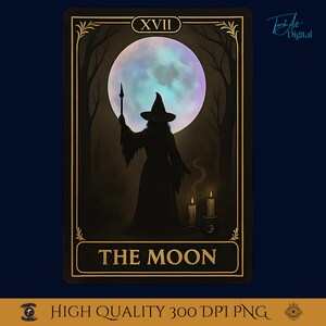 La carte de tarot lune PNG • Art numérique pleine lune sorcière • Tarot intuition gothique imprimable pour rituel et journal