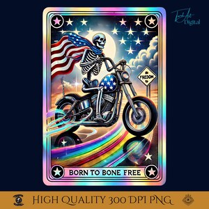 Born To Bone gratis skelet biker tarotkaart png Digitale patriottische kunst met motorfiets en vlag gotisch Fourth Of July-ontwerp.