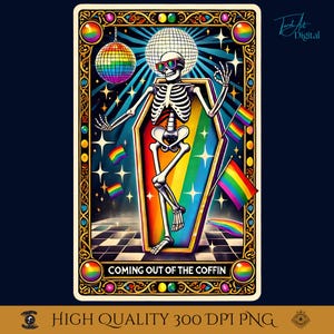 Carta de Tarô Esqueleto do Orgulho LGBTQ PNG | Saindo do Caixão: Arte Disco Queer Engraçada | Download Digital Arco-Íris para o Orgulho.