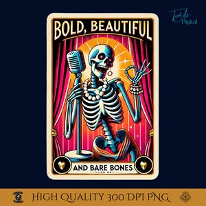 Carta del tarot de cantante esqueleto vintage PNG, arte de calavera pin up de jazz retro, descarga digital de tarot gótico, impresión estética de cabaret burlesco.